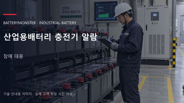 산업용배터리 충전기 알람 안내 표지: 배터리 랙 옆에서 점검 기록을 확인하는 보호구 착용 기술자