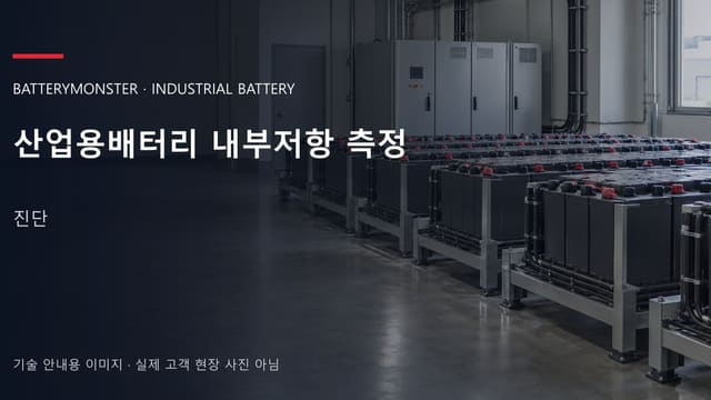 산업용배터리 내부저항 측정 안내 표지: 산업용 밀폐형 배터리가 배치된 공장 배터리실