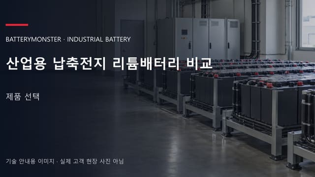 산업용 납축전지 리튬배터리 비교 안내 표지: 산업용 밀폐형 배터리가 배치된 공장 배터리실