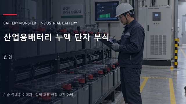 산업용배터리 누액 단자 부식 안내 표지: 배터리 랙 옆에서 점검 기록을 확인하는 보호구 착용 기술자