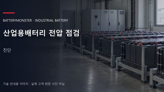 산업용배터리 전압 점검 안내 표지: 산업용 밀폐형 배터리가 배치된 공장 배터리실