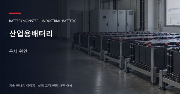산업용배터리 문제 원인 안내 표지: 산업용배터리 랙이 놓인 공장 배터리실
