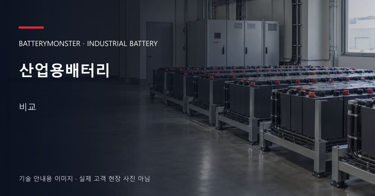 산업용배터리 비교 안내 표지: 산업용배터리 랙이 놓인 공장 배터리실