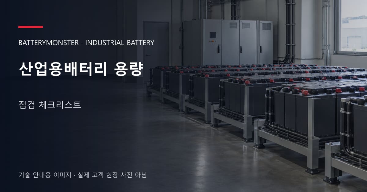 산업용배터리 용량 점검 체크리스트 안내 표지: 산업용배터리 랙이 놓인 공장 배터리실
