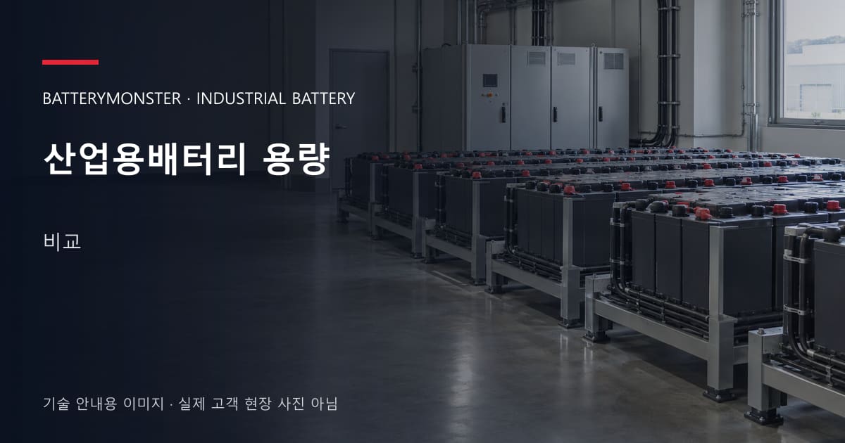 산업용배터리 용량 비교 안내 표지: 산업용배터리 랙이 놓인 공장 배터리실