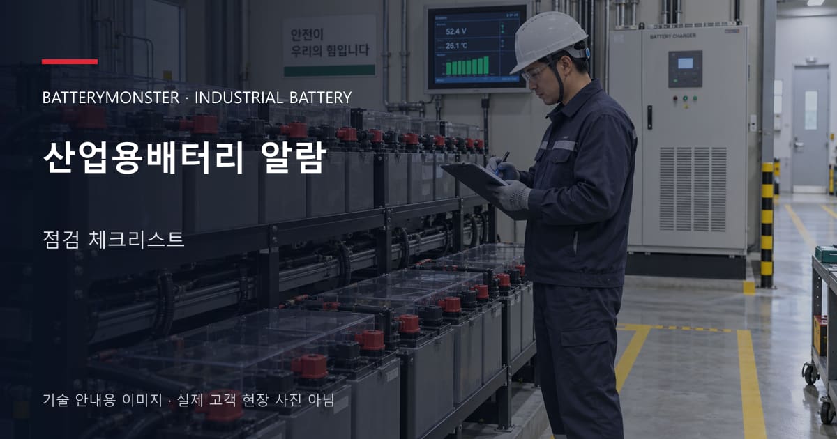 산업용배터리 알람 점검 체크리스트 안내 표지: 배터리 랙 옆에서 점검표를 확인하는 기술자
