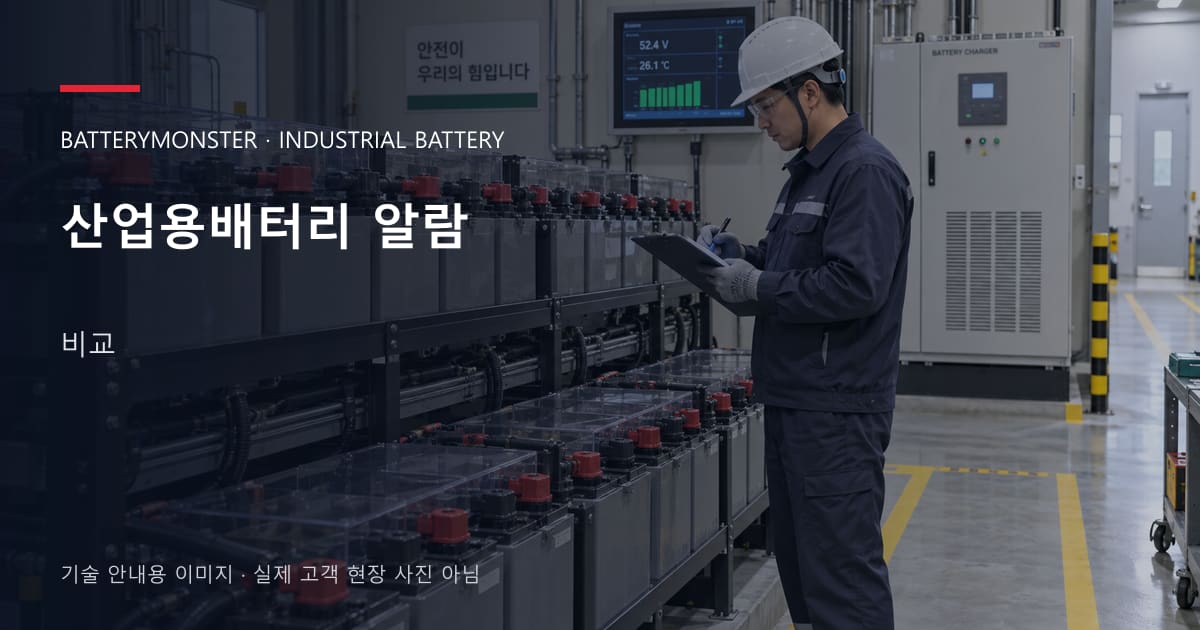 산업용배터리 알람 비교 안내 표지: 배터리 랙 옆에서 점검표를 확인하는 기술자