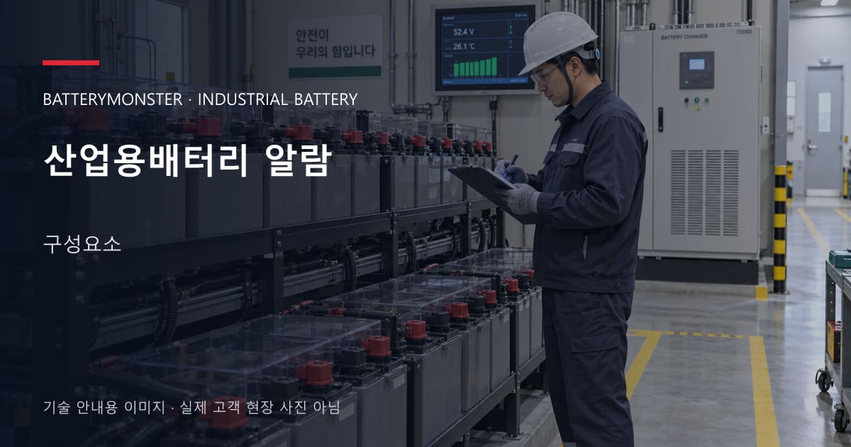 산업용배터리 알람 구성요소 안내 표지: 배터리 랙 옆에서 점검표를 확인하는 기술자