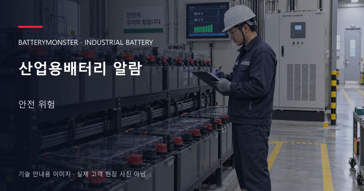 산업용배터리 알람 안전 위험 안내 표지: 배터리 랙 옆에서 점검표를 확인하는 기술자