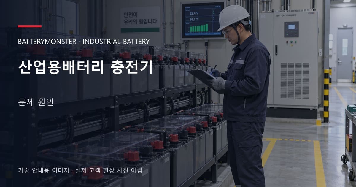 산업용배터리 충전기 문제 원인 안내 표지: 배터리 랙 옆에서 점검표를 확인하는 기술자