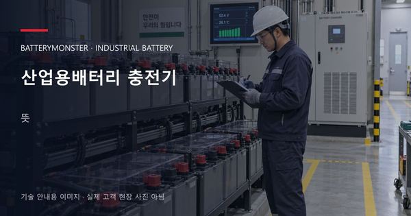 산업용배터리 충전기 뜻 안내 표지: 배터리 랙 옆에서 점검표를 확인하는 기술자