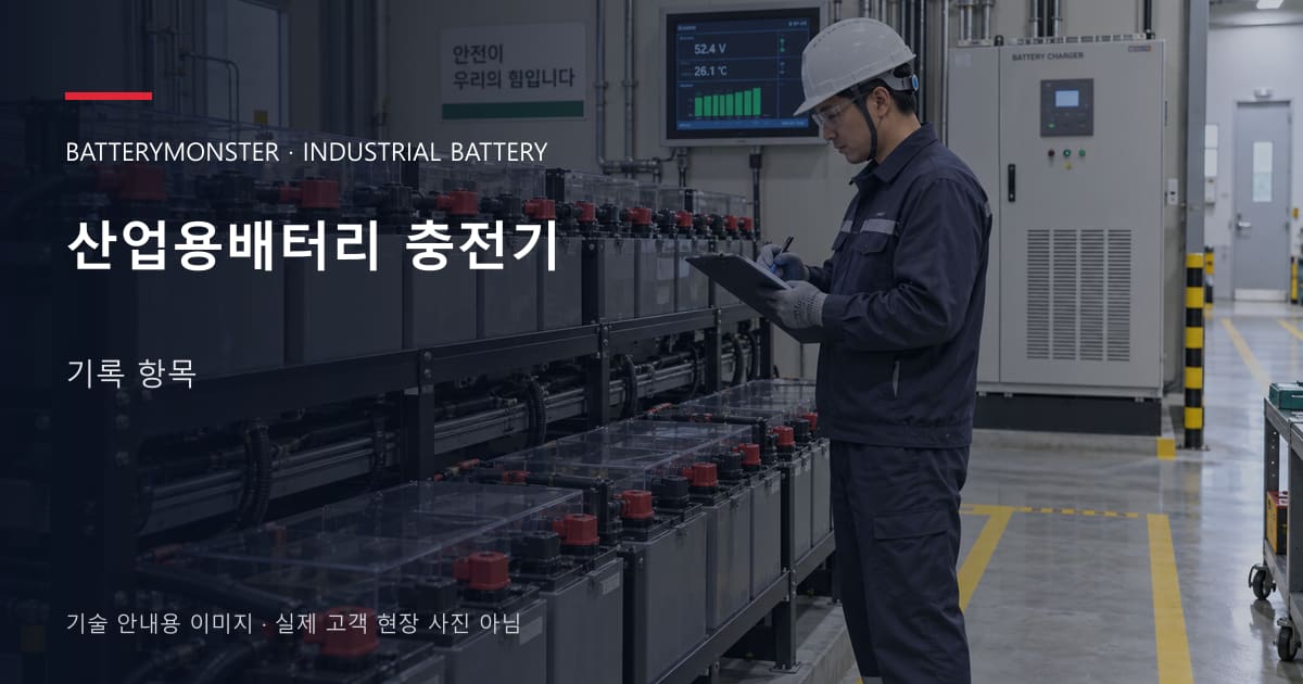 산업용배터리 충전기 기록 항목 안내 표지: 배터리 랙 옆에서 점검표를 확인하는 기술자