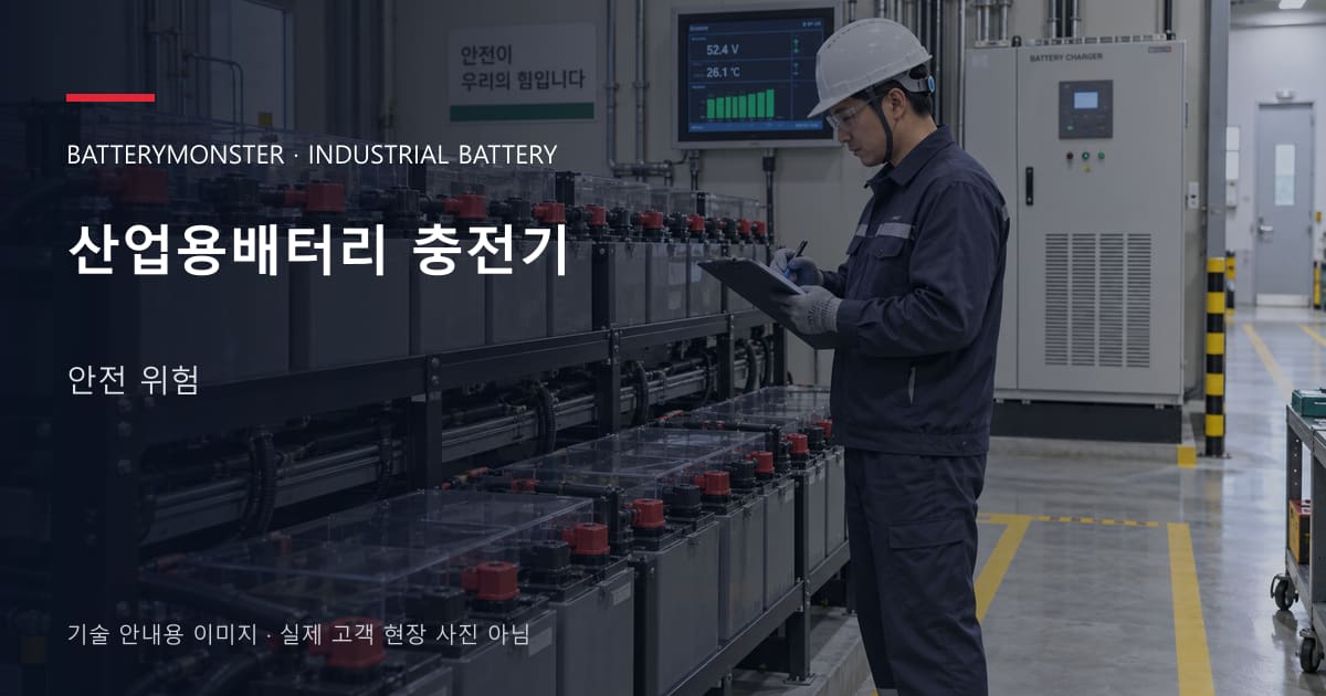 산업용배터리 충전기 안전 위험 안내 표지: 배터리 랙 옆에서 점검표를 확인하는 기술자