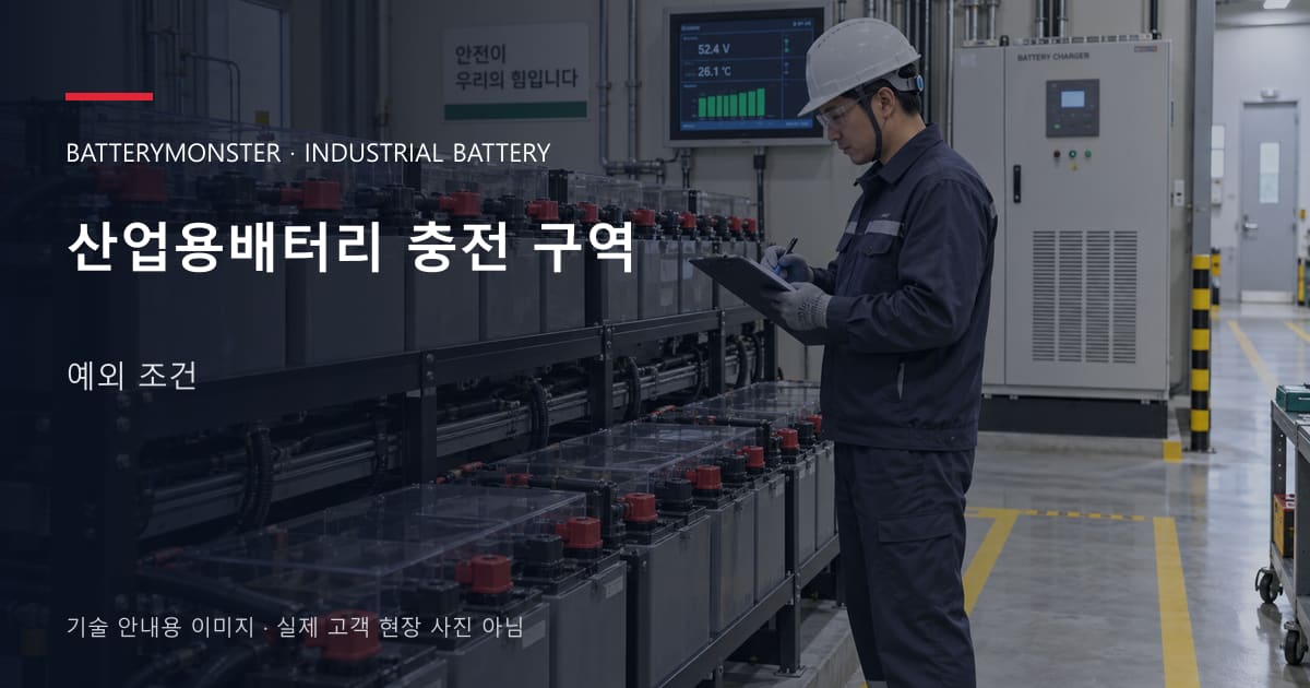 산업용배터리 충전 구역 예외 조건 안내 표지: 배터리 랙 옆에서 점검표를 확인하는 기술자
