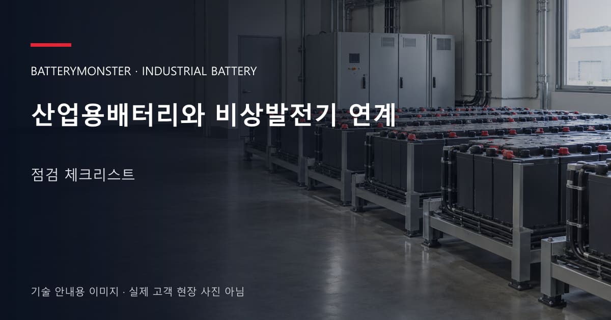 산업용배터리와 비상발전기 연계 점검 체크리스트 안내 표지: 산업용배터리 랙이 놓인 공장 배터리실