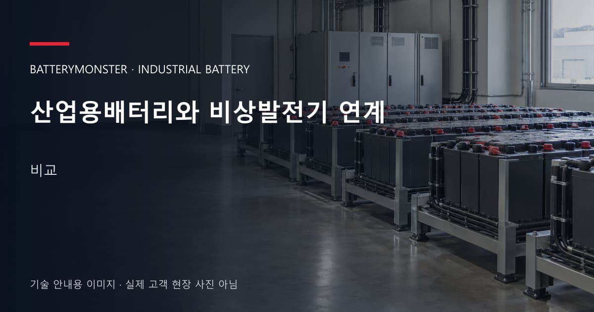 산업용배터리와 비상발전기 연계 비교 안내 표지: 산업용배터리 랙이 놓인 공장 배터리실