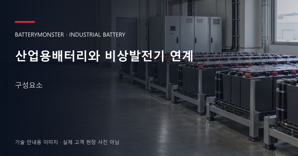 산업용배터리와 비상발전기 연계 구성요소 안내 표지: 산업용배터리 랙이 놓인 공장 배터리실