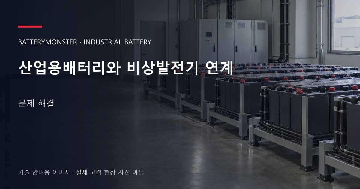산업용배터리와 비상발전기 연계 문제 해결 안내 표지: 산업용배터리 랙이 놓인 공장 배터리실