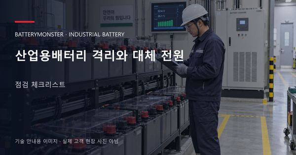 산업용배터리 격리와 대체 전원 점검 체크리스트 안내 표지: 배터리 랙 옆에서 점검표를 확인하는 기술자