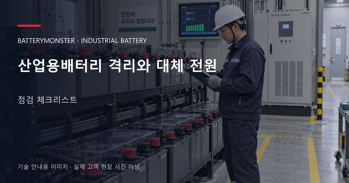 산업용배터리 격리와 대체 전원 점검 체크리스트 안내 표지: 배터리 랙 옆에서 점검표를 확인하는 기술자