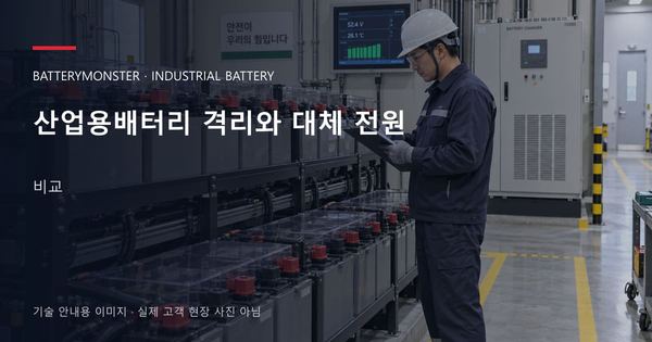 산업용배터리 격리와 대체 전원 비교 안내 표지: 배터리 랙 옆에서 점검표를 확인하는 기술자