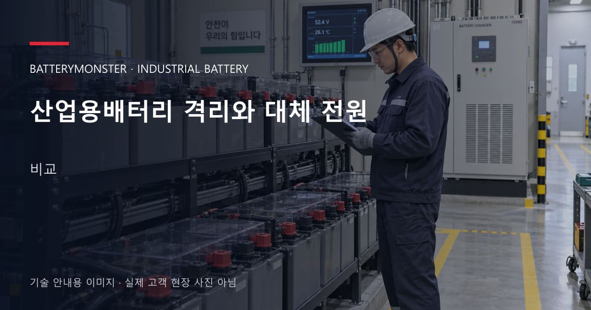 산업용배터리 격리와 대체 전원 비교 안내 표지: 배터리 랙 옆에서 점검표를 확인하는 기술자