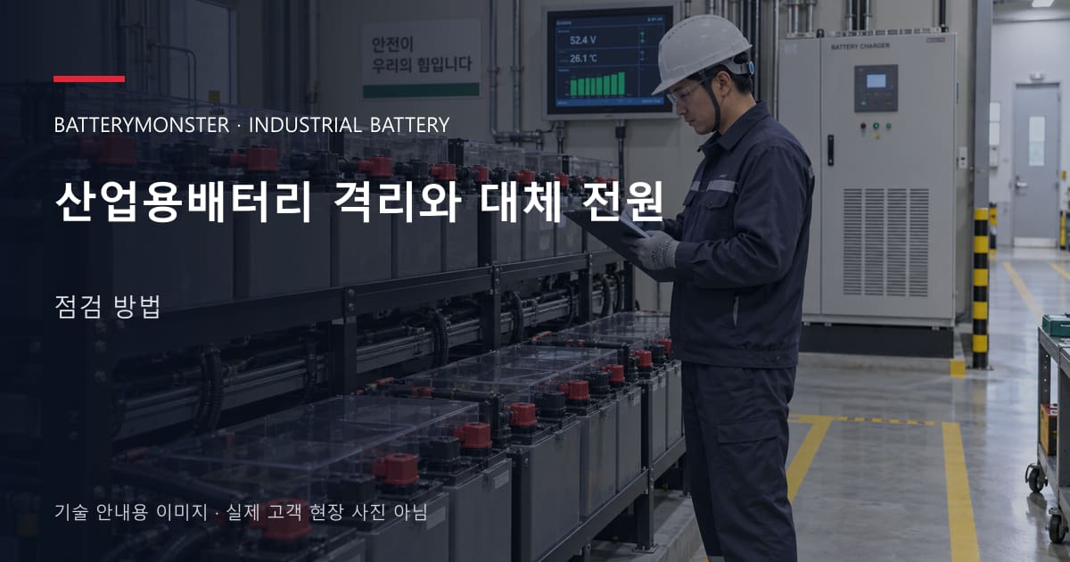산업용배터리 격리와 대체 전원 점검 방법 안내 표지: 배터리 랙 옆에서 점검표를 확인하는 기술자