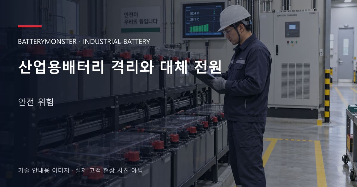 산업용배터리 격리와 대체 전원 안전 위험 안내 표지: 배터리 랙 옆에서 점검표를 확인하는 기술자