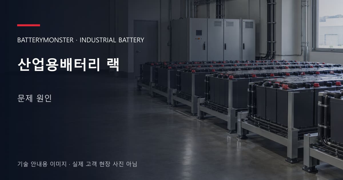 산업용배터리 랙 문제 원인 안내 표지: 산업용배터리 랙이 놓인 공장 배터리실