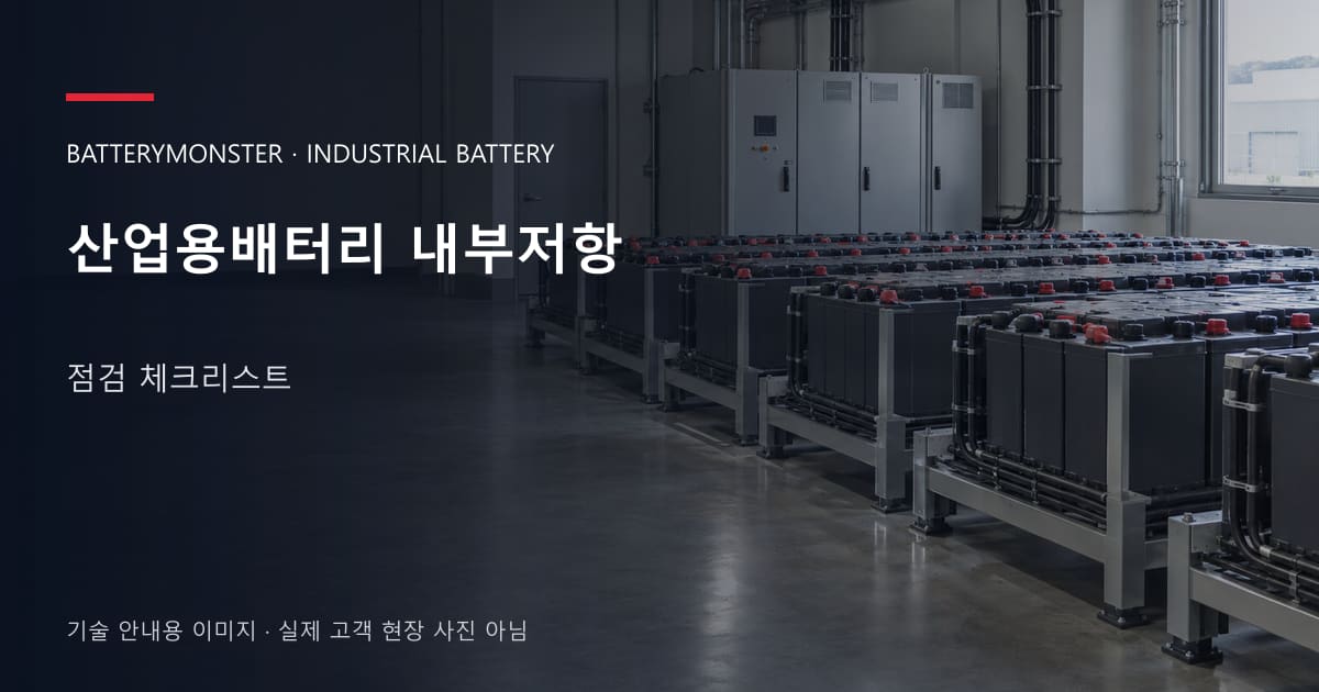 산업용배터리 내부저항 점검 체크리스트 안내 표지: 산업용배터리 랙이 놓인 공장 배터리실