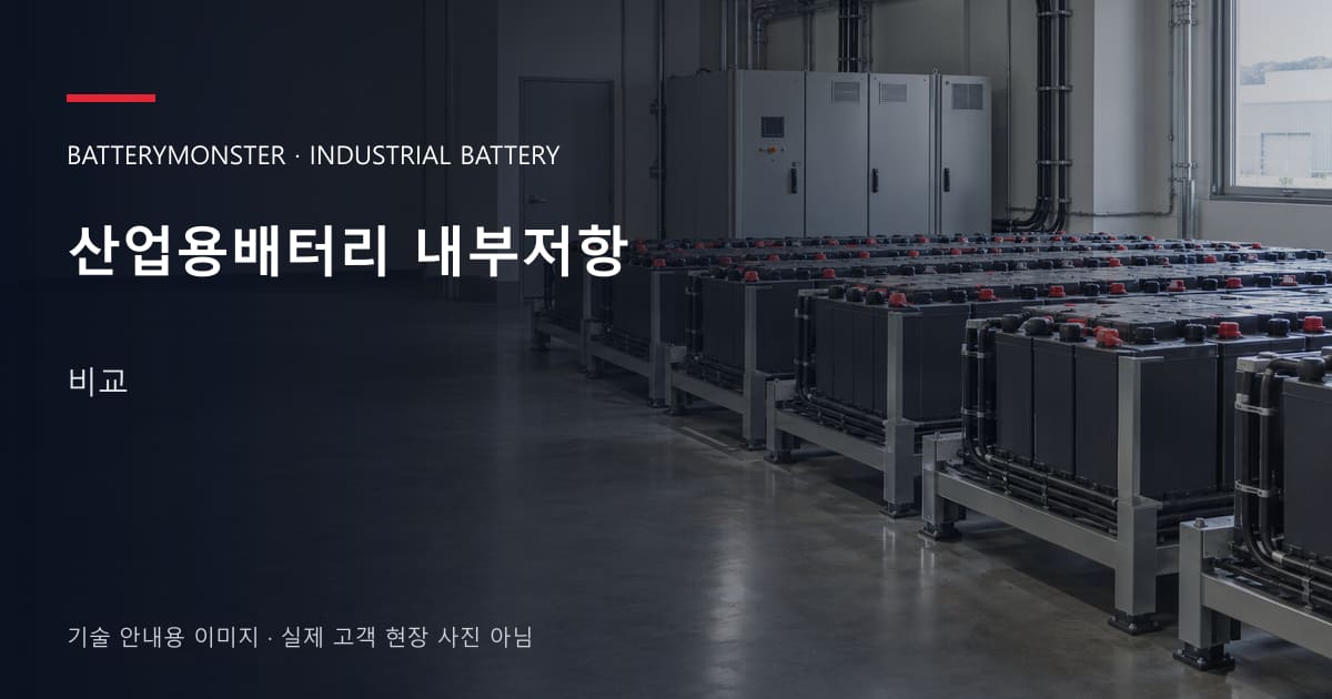 산업용배터리 내부저항 비교 안내 표지: 산업용배터리 랙이 놓인 공장 배터리실