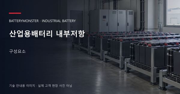 산업용배터리 내부저항 구성요소 안내 표지: 산업용배터리 랙이 놓인 공장 배터리실