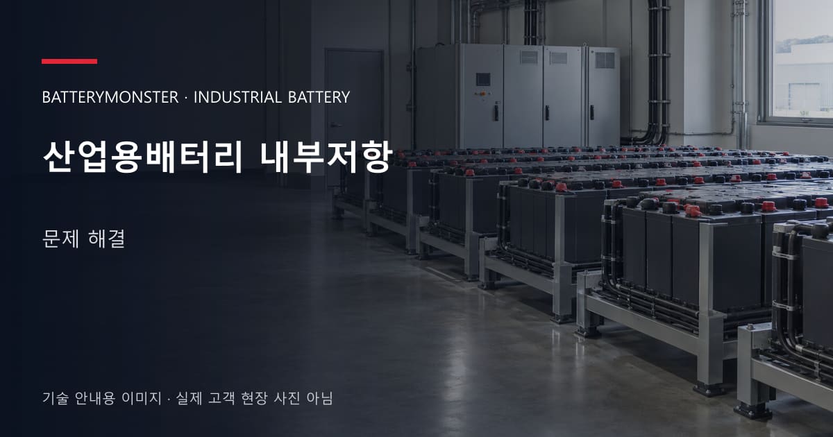 산업용배터리 내부저항 문제 해결 안내 표지: 산업용배터리 랙이 놓인 공장 배터리실