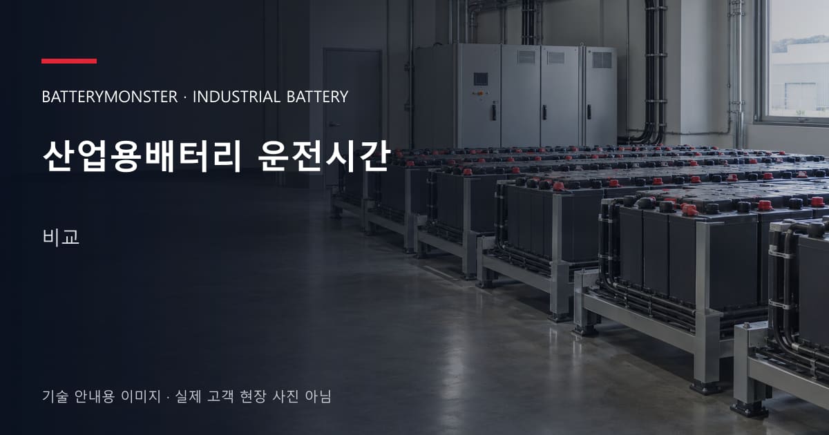 산업용배터리 운전시간 비교 안내 표지: 산업용배터리 랙이 놓인 공장 배터리실