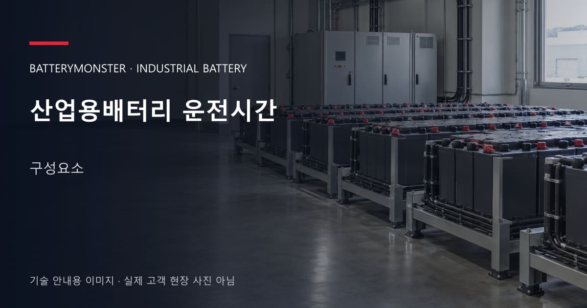 산업용배터리 운전시간 구성요소 안내 표지: 산업용배터리 랙이 놓인 공장 배터리실