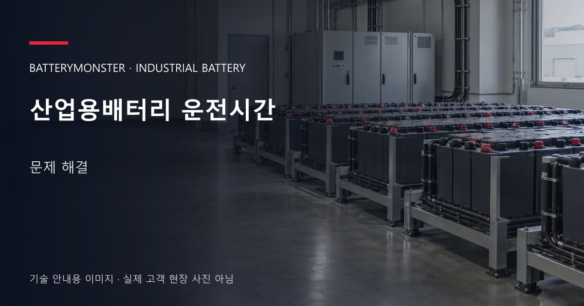 산업용배터리 운전시간 문제 해결 안내 표지: 산업용배터리 랙이 놓인 공장 배터리실