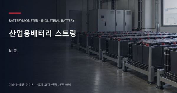 산업용배터리 스트링 비교 안내 표지: 산업용배터리 랙이 놓인 공장 배터리실