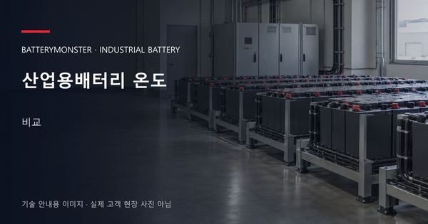 산업용배터리 온도 비교 안내 표지: 산업용배터리 랙이 놓인 공장 배터리실
