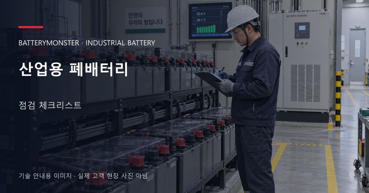 산업용 폐배터리 점검 체크리스트 안내 표지: 배터리 랙 옆에서 점검표를 확인하는 기술자