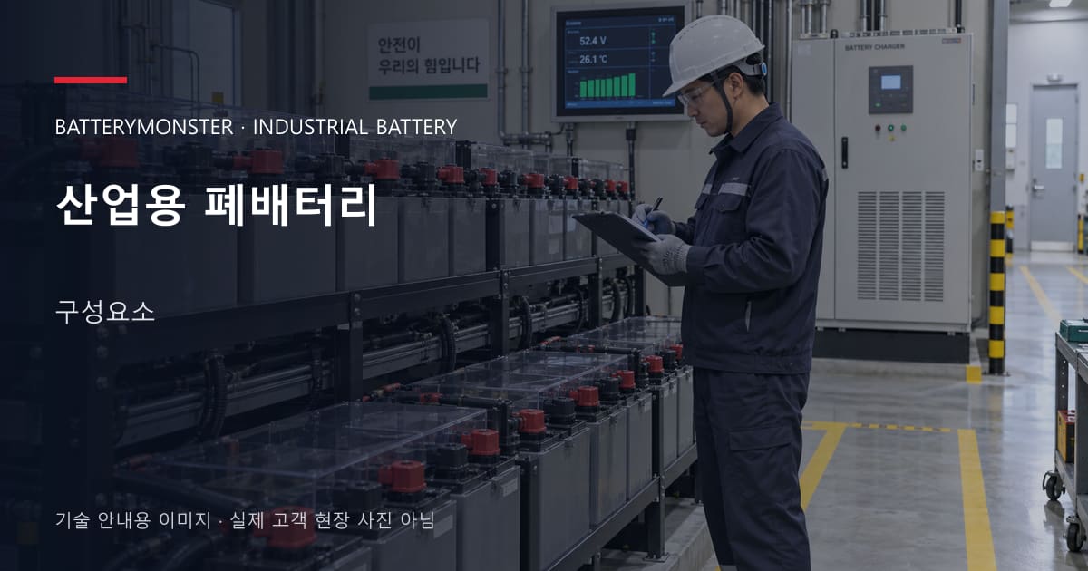 산업용 폐배터리 구성요소 안내 표지: 배터리 랙 옆에서 점검표를 확인하는 기술자