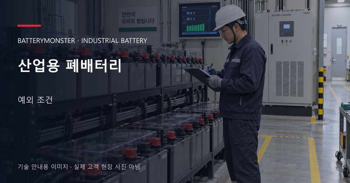 산업용 폐배터리 예외 조건 안내 표지: 배터리 랙 옆에서 점검표를 확인하는 기술자